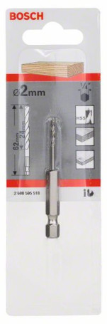 Spiral drill bit for wood with hex shank 1/4" 2 x 24 x 62 mm