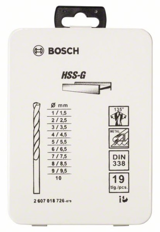Set of 19 metal drills HSS-G, DIN 338, 135°, in a metal cassette 1-10 mm, 135°