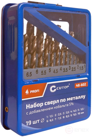 Набор сверл по металлу с кобальтом 5% в металлической коробке; 1-10 мм (через 0,5 мм), 19 шт., Cutop Profi
