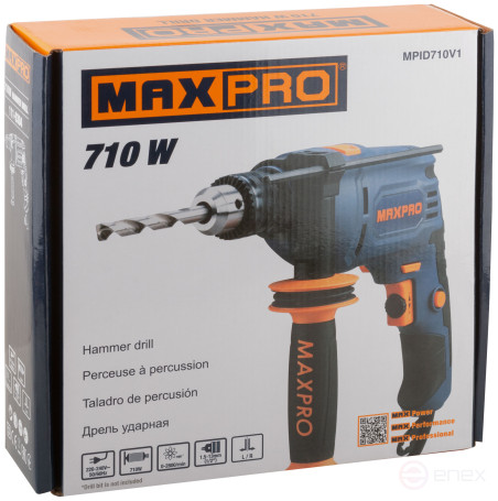 MAX-PRO Дрель ударная 710 Вт; 0-2800 об/мин; ключевой патрон 1,5-13 мм; 1,7 кг; антивибрационная ручка; резиновые вставки; кор.