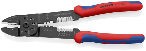 Press pliers for cutting and stripping cable, 3 sockets, crimping cable lugs with insulator and cable connectors, L-240 mm