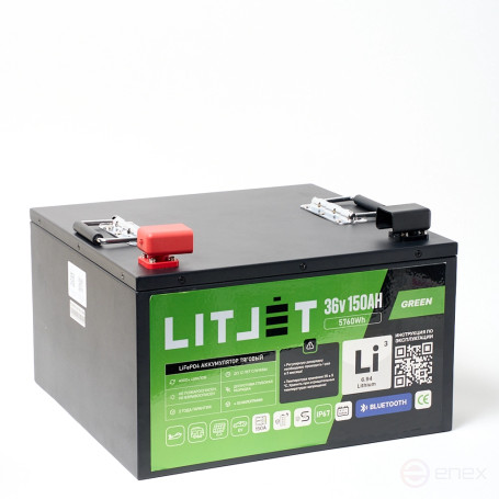 Литиевый тяговый аккумулятор ЛИТДЖЕТ серии GREEN LiFePO4 36 В 150 А·ч 5760 Вт·ч с Bluetooth и BMS 150 A, IP67, металлический корпус