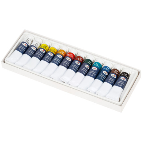 Studio oil paints, 10 colors + 2 white, 9ml tube, cardboard. packaging