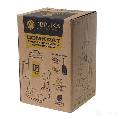 Домкрат гидравлический ER-80161 бутылочный с клапаном 16т, ремкомплект (выс. подъема230-435мм) ЭВРИКА /1/2