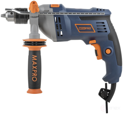 MAX-PRO Дрель ударная 850 Вт; 0-3000 об/мин; ключевой патрон 1,5-13 мм; 2,4 кг; антивибрационная ручка; меалл. корпус редуктора; резиновые вставки; ко