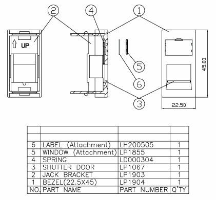 SIP2-1K-M45-22.5 Insert 45x22.5 (analog Mosaic) for 1 Keystone Jack format module, with curtain