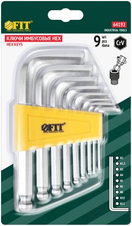 Ключи шестигранные, CrV сталь, 9 шт., 2-12 мм, с шаровым наконечником, в пластиковом держателе