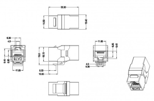 CA2-KJ-C6-SH-BK Adapter (coupler), RJ-45(8P8C) Keystone Jack format, Category 6, 4 pairs, shielded, black