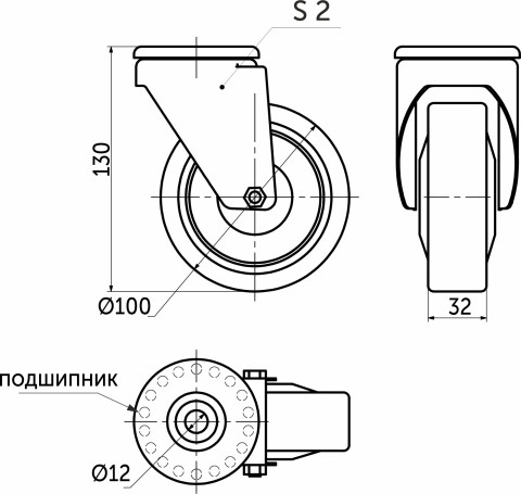 Wheel meb. d100 h130 for M12 screw with cut.rim, grey/black AKS