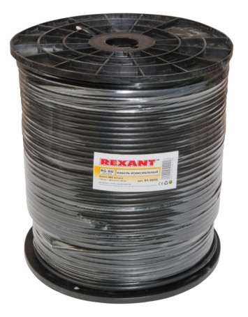 Coaxial cable REXANT RG-6U+Cu, 75 Ohm, Cu/Al/Cu, 64%, bay 305 m, black OUTDOOR