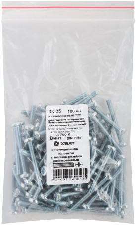 A semi-cylindrical screw. a head with a full thread of pins. DIN 7985 4x35 (packing 100 pcs)