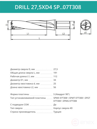 DRILL 27,5XD4 SP..07T308 сверло корпусное - 27,5 мм / пластина SPMX 07T308; SPMT 07T308