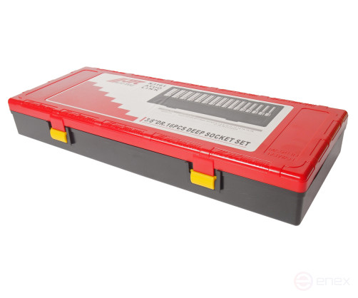 A set of 3/8" 6-sided 6-22mm deep 16-piece end heads in a JTC case