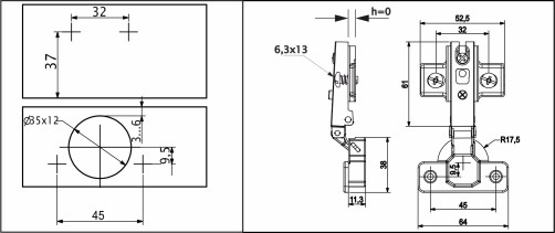 Overhead hinge with spring 45mm h0 slide-on AKS 55g (euro screws)