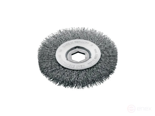 Щетка цилиндрическая гофрированная, Д100 мм, ширина 12 мм, стальная гофрированная проволока STA 0,30 мм, гексагональное посадочное отверстие SW17