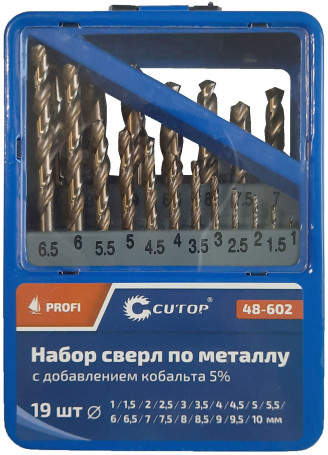 Набор сверл по металлу с кобальтом 5% в металлической коробке; 1-10 мм (через 0,5 мм), 19 шт., Cutop Profi