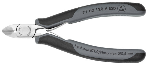 Side cutters for ESD electronics, extra. loads , round head, cut: failure. soft. Ø 2 mm,cf. Ø 1.4 mm,TV. Ø 1 mm,royal. string Ø 0.6 mm,L-120 mm,83HRC