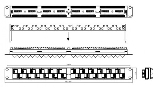 PP2A-19-24S-8P8C-C6-110 Patch panel 19", 1U, with corner ports, 24 RJ-45 ports, Category 6, Dual IDC