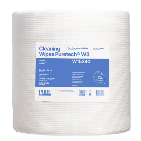 Puretech W115 Non-woven cleaning material 115g/m2, 1 layer, white, 34x32cm, 500 l/roll W15340