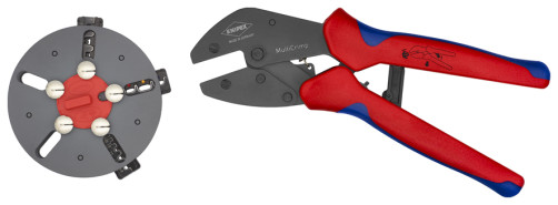 KNIPEX MultiCrimp® press pliers with a magazine for changing dies, 3 replaceable dies, L-250 mm, 2-k handles