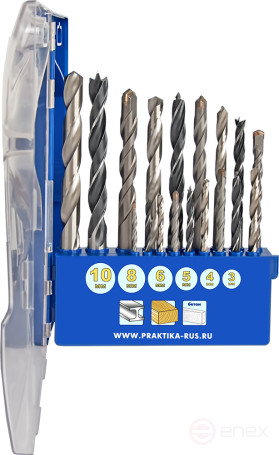 Набор сверл комбинированный ПРАКТИКА "Профи", 18 шт, металлу/бетону/дереву 3,4,5,6,8,10 мм (640-391)