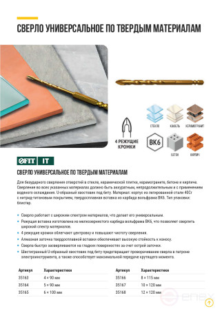 Сверло универсальное, 4 режущие кромки, титановое покрытие, шестигранный U-хвостовик под биту, 4х90 мм