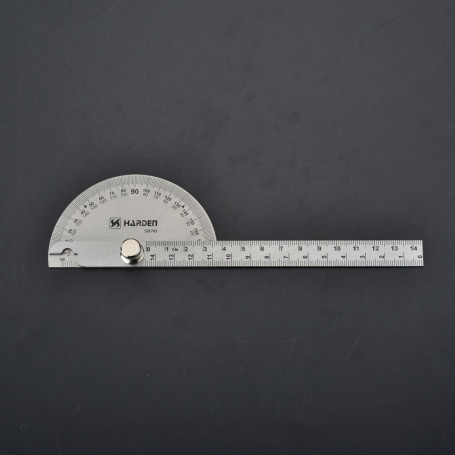 Measuring ruler made of stainless steel with a protractor, 90 x 150 mm.// HARDEN