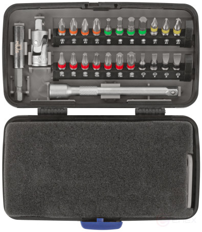 Мини-набор инструмента (биты, головки, вороток, удлинитель), 38 шт., пластиковый кейс
