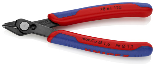 Electronic Super Knips® precision side cutters, for fiberglass, without chamfer, cut: provol. soft. Ø 0.2 - 1.6 mm, cf. Ø 1.2 mm, L-125 mm, black.