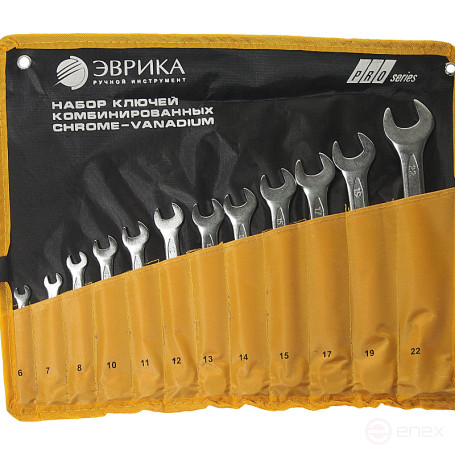 Набор ключей комбинированных (6,7,8,10,11,12,13,14,15,17,19,22мм) планшет 12 предметов CrV PRO ЭВРИКА 1/20