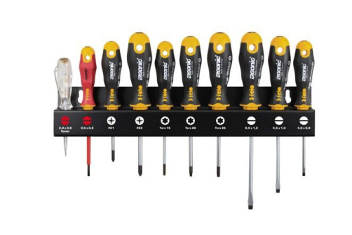 Felo SL/PZ/Tx Ergonic screwdriver set, VDE screwdriver and tester-net screwdriver on steel rack, 10 pcs 40091043