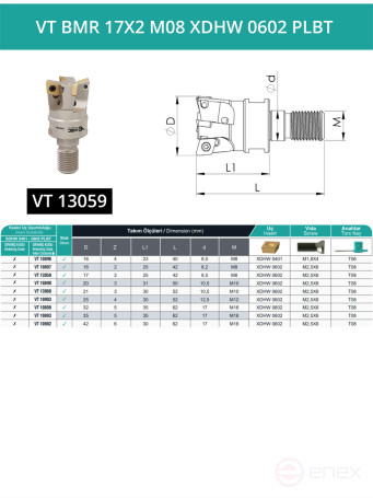 VT BMR 17X2 M08 XDHW 0602 PLBT Milling Replacement Head 17 mm with thread M8/ with coolant