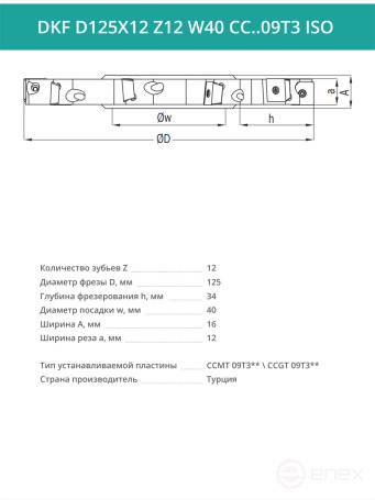 Фреза дисковая D125 мм, 12 зубьев DKF D125X12 Z12 W40 CC..09T3 ISO / пластина CC*T 09T3**