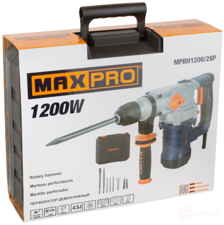 MAX-PRO Перфоратор демонтажный 1200 Вт; 880 об/мин; 4,5 Дж; 3 режима; Д/Б/М-40/28/13; 4,95 кг; SDS-PLUS; антивибрационная ручка; резиновые вставки; ре