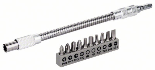 11 flexible metal extension SDB Flexible metal hose, 200 mm, a set of screwdriver bits, PH1, PH2, PH3, PZ2, Hex4, Hex5, T20, T25, SL 0,6 x 4,5; SL 0.8 x 5.5 in