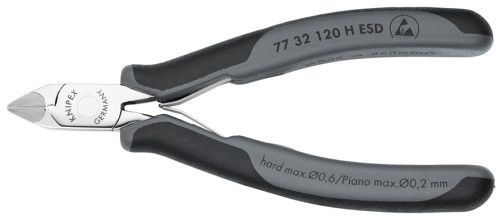 Бокорезы для электроники ESD, экстр. нагрузки,остр. головка,рез: провол. мягк. Ø 1.6 мм,ср. Ø 1.0 мм,тв. Ø 0.6 мм,роял. струна Ø 0.2 мм,L-120 мм,83HRC