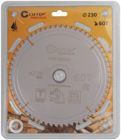 Диск пильный по дереву с тефлоновым покрытием 60Т, CUTOP Profi plus, 230 х 1,6/2,4 х 32/30/25,4/20 мм