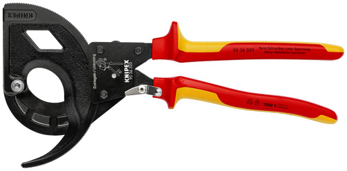 Cable cutter with VDE ratchet, three-way gear drive, cut: cable Ø 60 mm (600 mm2, MCM 1200), L-320 mm, dielectric, black, 2-k handles