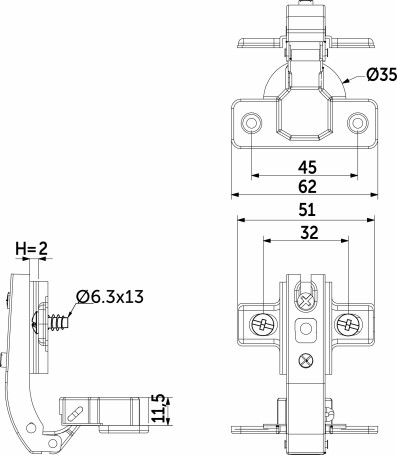 Hinge for raised panel 90° with spring 45mm h2 slide-on AKS (euro screws)