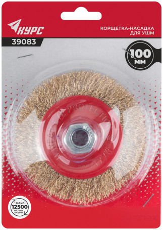 Корщетка-колесо с наклоном, гайка М14, стальная латунированная волнистая проволока 100 мм, блистер