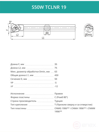 S50W TCLNR 19 внутренний токарный расточной резец правый, 50 мм / пластина CNMG 1906**