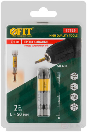 Биты кованые, сталь S2, односторонние 50 мм Т30, Профи 2 шт., блистер