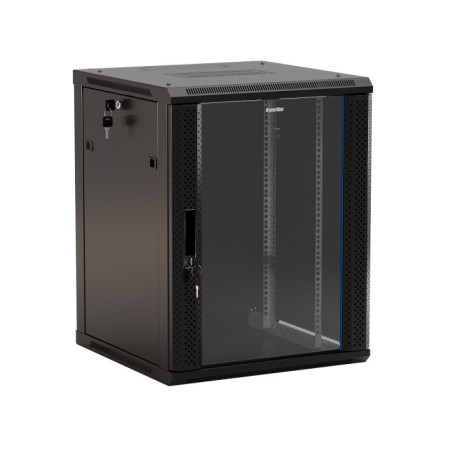 TWB-2245-GP-RAL9004 Wall cabinet 19-inch (19"), 22U, 1086x600x450mm, glass door with perforation on the sides, handle with lock, color black (RAL 9004) (disassembled)