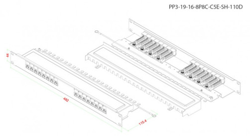 PP3-19-16-8P8C-C5E-SH-110D Патч-панель 19", 1U, 16 портов RJ-45 полн. экран., категория 5e, Dual IDC, ROHS, цвет черный