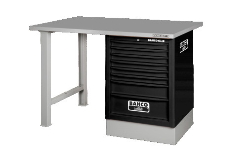 Heavy-duty workbench, metal table top with 2 legs and 8 drawers in black color 1500 mm x 750 mm x 1030 mm