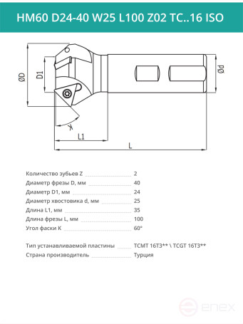 Фреза фасочная концевая D40 мм, 2 зуба HM60 D24-40 W25 L100 Z02 TC..16 ISO / пластина TC*T 16T3**