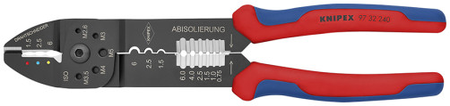 Press pliers for cutting and stripping cable, 3 sockets, crimping of cable lugs with and without insulator, cable connectors, L-240 mm
