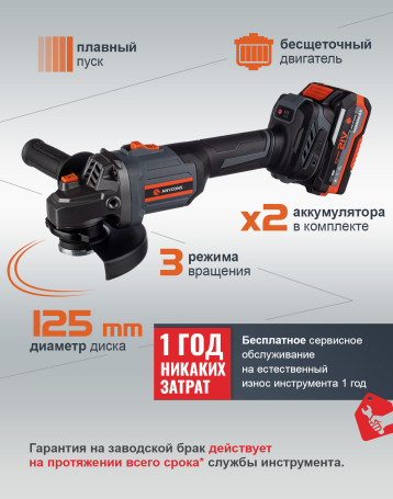 Бесщеточная УШМ Anycons JM-125S, AC-AG1252, 2 аккумулятора + зарядное устройство