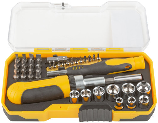 Отвертки реверсивная и для точных работ, набор 41 шт., пластиковый прорезиненный кейс
