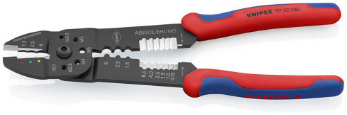Press pliers for cutting and stripping cable, 3 sockets, crimping of cable lugs with and without insulator, cable connectors, L-240 mm